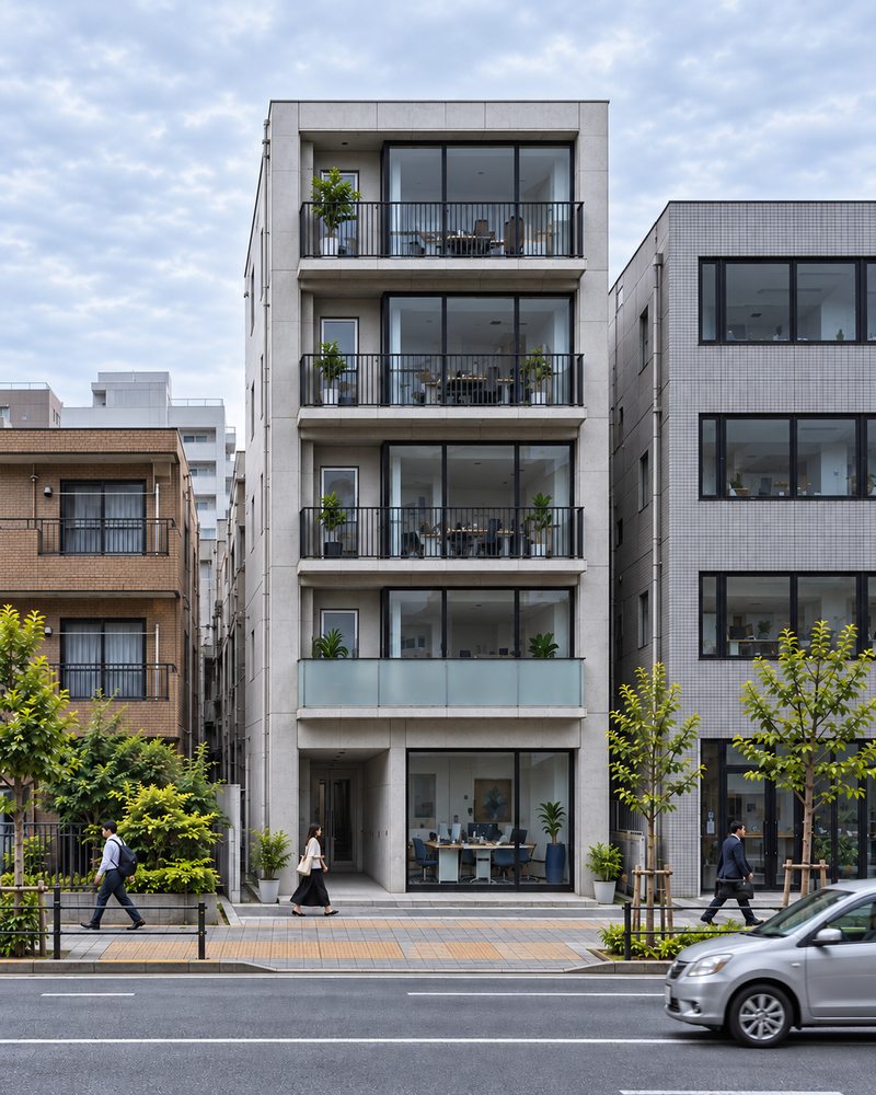 街並みの中に建つ5階建てのビル